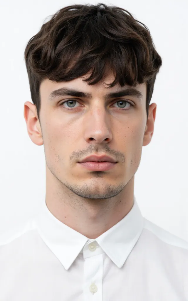 A French male model with a Comb   over, wearing a shirt, against a white background, in a front   facing bust portrait